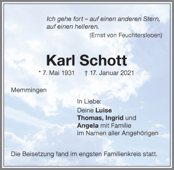 Traueranzeige von Karl Schott von Memminger Zeitung
