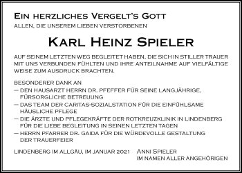 Traueranzeige von Karl Heinz Spieler von Der Westallgäuer