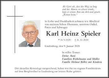 Traueranzeige von Karl Heinz Spieler von Der Westallgäuer