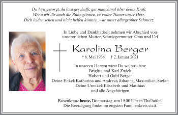 Traueranzeige von Karolina Berger von Allgäuer Zeitung, Marktoberdorf