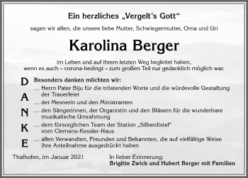 Traueranzeige von Karolina Berger von Allgäuer Zeitung, Marktoberdorf