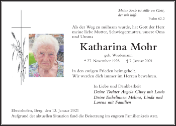 Traueranzeige von Katharina Mohr von Der Westallgäuer