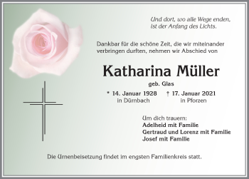 Traueranzeige von Katharina Müller von Allgäuer Zeitung, Kaufbeuren/Buchloe