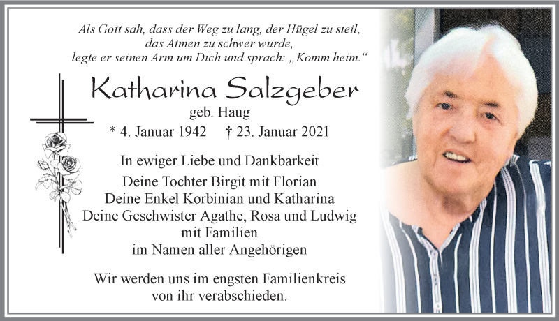  Traueranzeige für Katharina Salzgeber vom 28.01.2021 aus Allgäuer Zeitung, Füssen