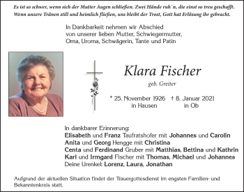 Traueranzeige von Klara Fischer von Allgäuer Zeitung, Marktoberdorf