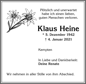 Traueranzeige von Klaus Heine von Allgäuer Zeitung,Kempten