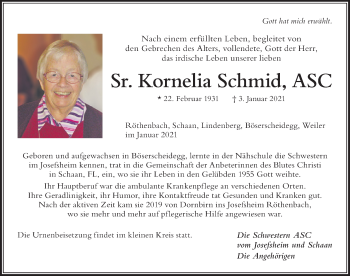 Traueranzeige von Kornelia Schmid von Der Westallgäuer