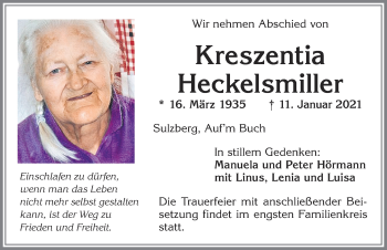 Traueranzeige von Kreszentia Heckelsmiller von Allgäuer Zeitung,Kempten
