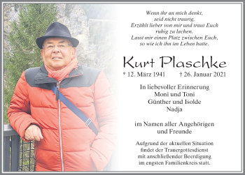 Traueranzeige von Kurt Plaschke von Allgäuer Zeitung, Marktoberdorf