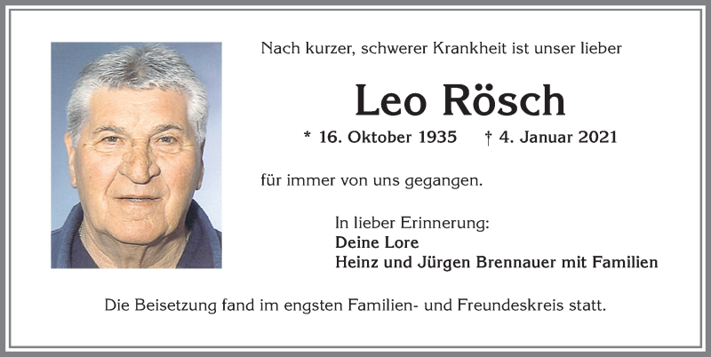  Traueranzeige für Leo Rösch vom 23.01.2021 aus Allgäuer Zeitung,Kempten