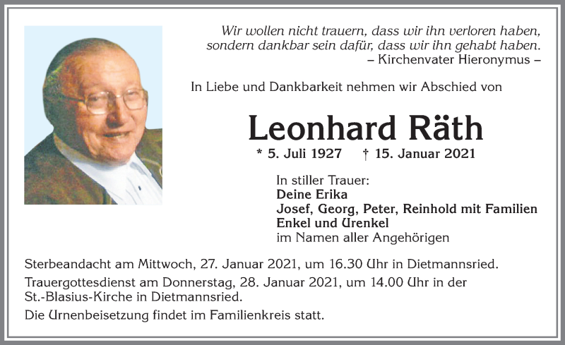  Traueranzeige für Leonhard Räth vom 23.01.2021 aus Allgäuer Zeitung,Kempten