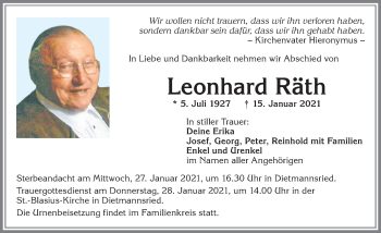 Traueranzeige von Leonhard Räth von Allgäuer Zeitung,Kempten