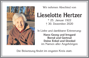Traueranzeige von Lieselotte Hertzer von Allgäuer Zeitung,Kempten