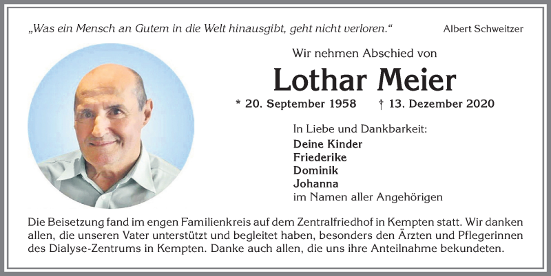  Traueranzeige für Lothar Meier vom 02.01.2021 aus Allgäuer Zeitung,Kempten