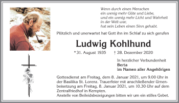 Traueranzeige von Ludwig Kohlhund von Allgäuer Zeitung,Kempten