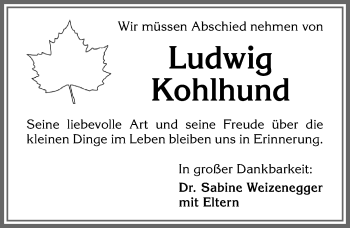 Traueranzeige von Ludwig Kohlhund von Allgäuer Zeitung,Kempten