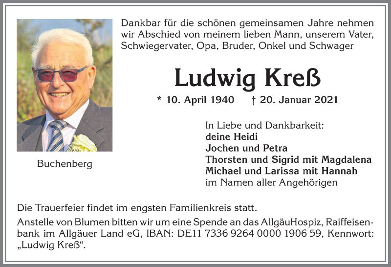  Traueranzeige für Ludwig Kreß vom 23.01.2021 aus Allgäuer Zeitung,Kempten