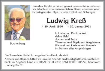 Traueranzeige von Ludwig Kreß von Allgäuer Zeitung,Kempten