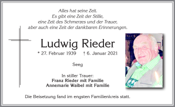 Traueranzeige von Ludwig Rieder von Allgäuer Zeitung, Füssen