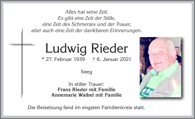  Traueranzeige für Ludwig Rieder vom 22.01.2021 aus Allgäuer Zeitung, Füssen