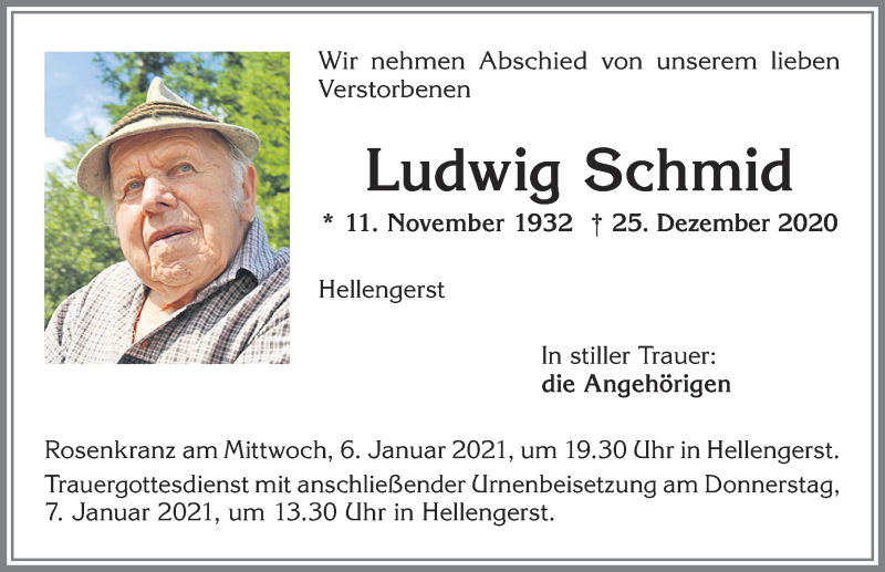  Traueranzeige für Ludwig Schmid vom 05.01.2021 aus Allgäuer Zeitung,Kempten