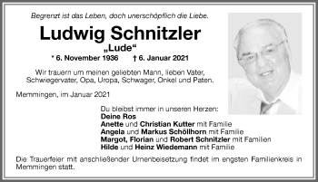 Traueranzeige von Ludwig Schnitzler von Memminger Zeitung