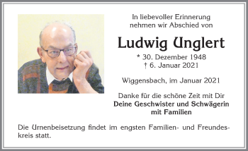 Traueranzeige von Ludwig Unglert von Allgäuer Zeitung,Kempten