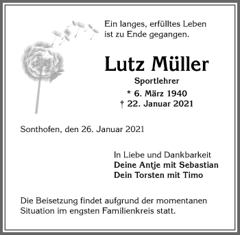Traueranzeige von Lutz Müller von Allgäuer Anzeigeblatt