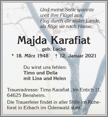 Traueranzeige von Majda Karafiat von Allgäuer Zeitung, Kaufbeuren/Buchloe