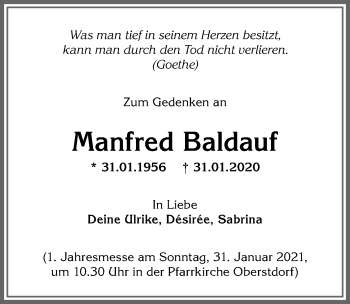 Traueranzeige von Manfred Baldauf von Allgäuer Zeitung