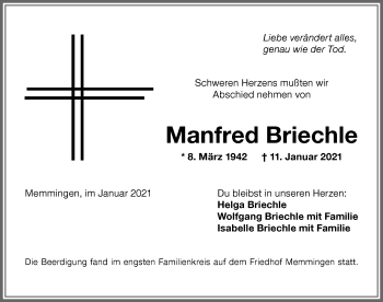 Traueranzeige von Manfred Briechle von Memminger Zeitung