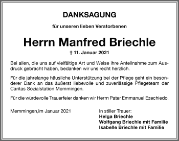 Traueranzeige von Manfred Briechle von Memminger Zeitung