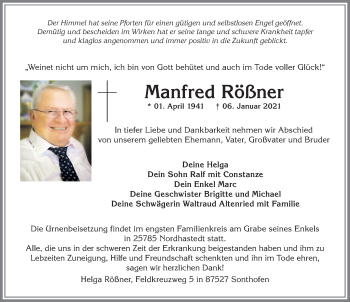 Traueranzeige von Manfred Rößner von Allgäuer Anzeigeblatt