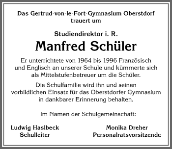 Traueranzeige von Manfred Schüler von Allgäuer Anzeigeblatt