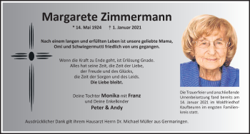 Traueranzeige von Margarete Zimmermann von Allgäuer Zeitung, Kaufbeuren/Buchloe