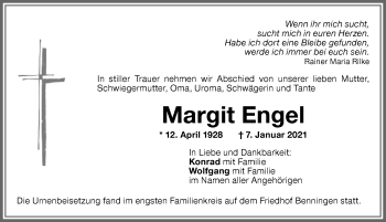 Traueranzeige von Margit Engel von Memminger Zeitung