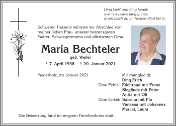Traueranzeige von Maria Bechteler von Allgäuer Anzeigeblatt