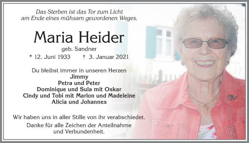  Traueranzeige für Maria Heider vom 09.01.2021 aus Allgäuer Zeitung, Füssen