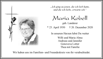 Traueranzeige von Maria Kobell von Allgäuer Zeitung, Marktoberdorf