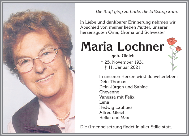  Traueranzeige für Maria Lochner vom 16.01.2021 aus Allgäuer Zeitung, Kaufbeuren/Buchloe