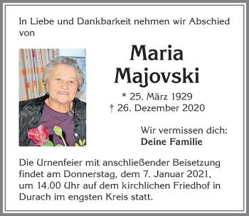 Traueranzeige von Maria Majovski von Allgäuer Zeitung,Kempten