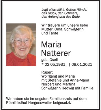 Traueranzeige von Maria Natterer von Der Westallgäuer