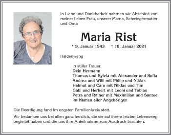 Traueranzeige von Maria Rist von Allgäuer Zeitung,Kempten