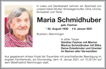 Traueranzeige von Maria Schmidhuber von Memminger Zeitung