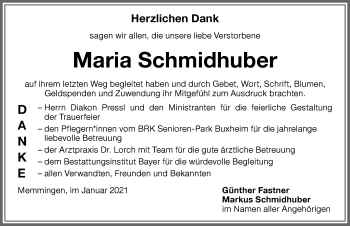 Traueranzeige von Maria Schmidhuber von Memminger Zeitung
