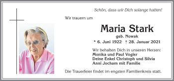 Traueranzeige von Maria Stark von Allgäuer Zeitung,Kempten
