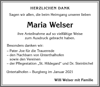 Traueranzeige von Maria Welser von Allgäuer Anzeigeblatt