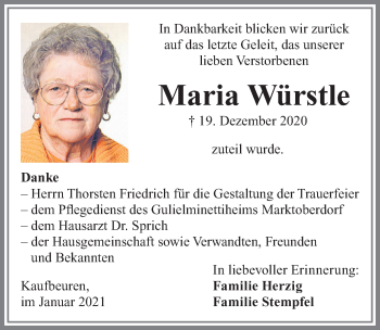 Traueranzeige von Maria Würstle von Allgäuer Zeitung, Kaufbeuren/Buchloe