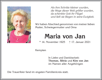 Traueranzeige von Maria von Jan von Allgäuer Zeitung,Kempten