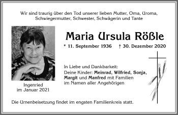 Traueranzeige von Maria Ursula Rößle von Allgäuer Zeitung, Marktoberdorf